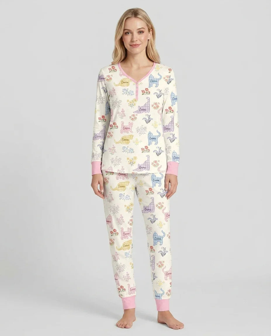 Gingham Cats Custom Name Bamboo Women Pajama Set