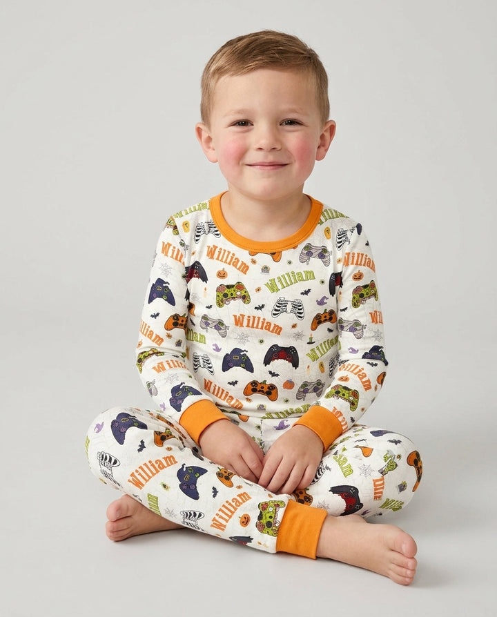 Custom Name Halloween Gaming Controllers Bamboo Two Piece Long Sleeve Pajama Set