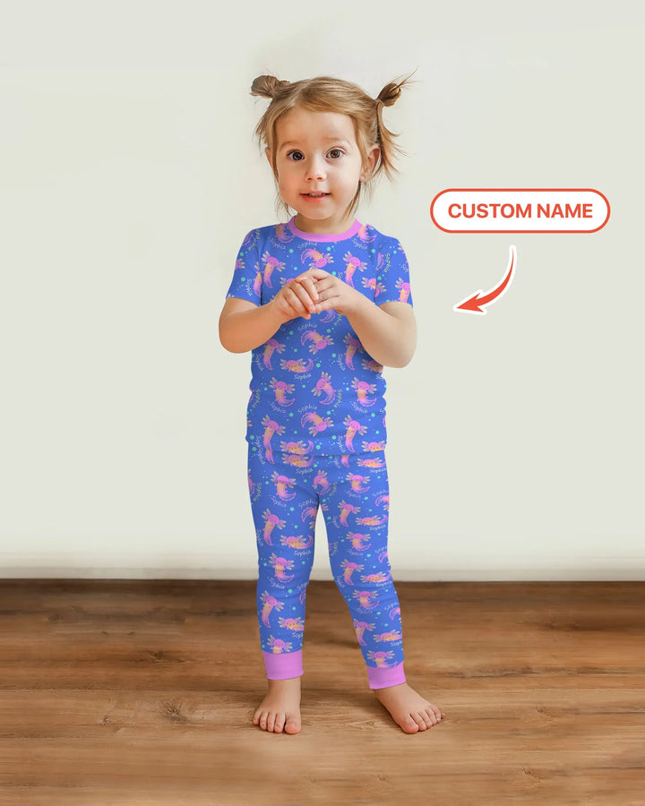 Axolotl Glow Custom Name Bamboo Two Piece Short Sleeve Pajama Set