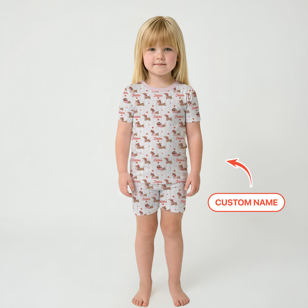 Custom Name Valentine Dachshund Family Matching Two Piece Short Sleeve Shorts Pajama Set