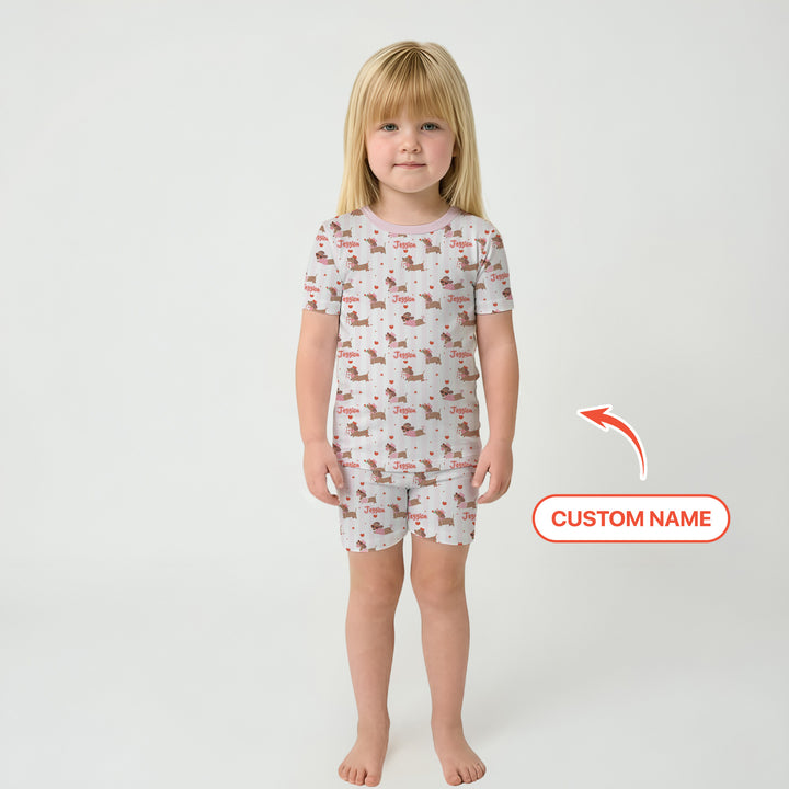 Custom Name Valentine Dachshund Family Matching Two Piece Short Sleeve Shorts Pajama Set