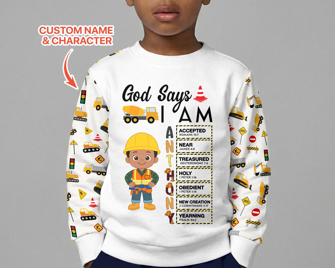 Custom Name God Says I Am Little Builder Letter in Bible Crewneck Sweatshirt