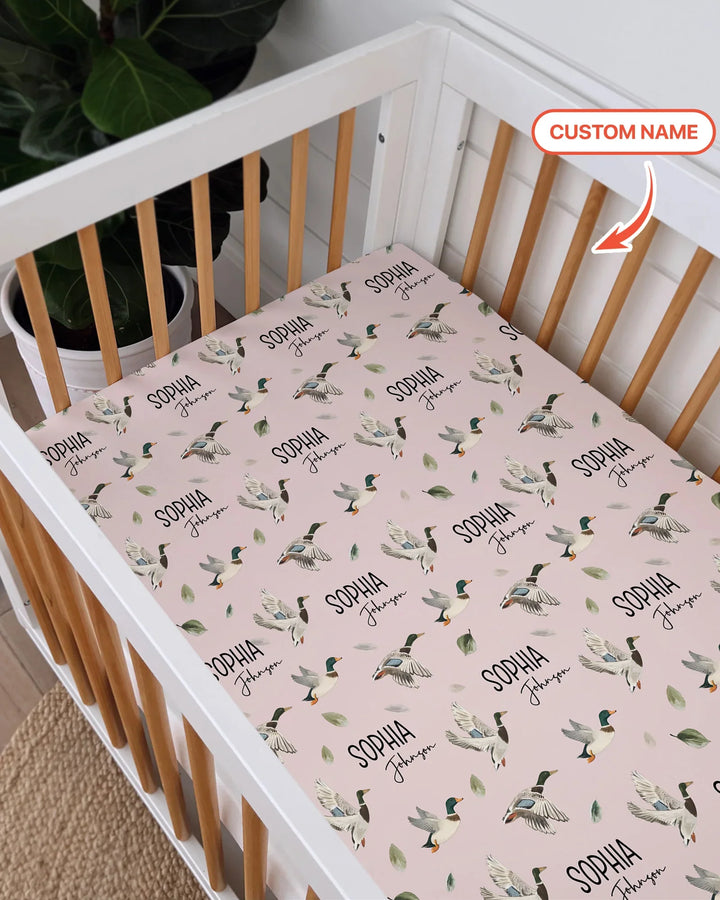 Sábana ajustable de bambú para cuna de pato mallard con nombre personalizado