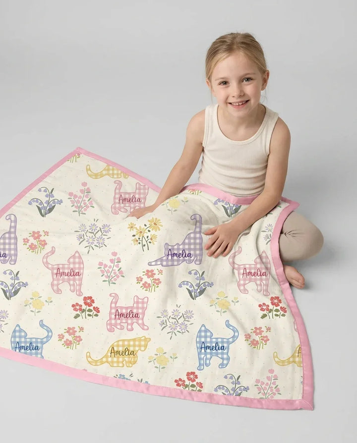 Manta de bambú Gingham Cats con nombre personalizado