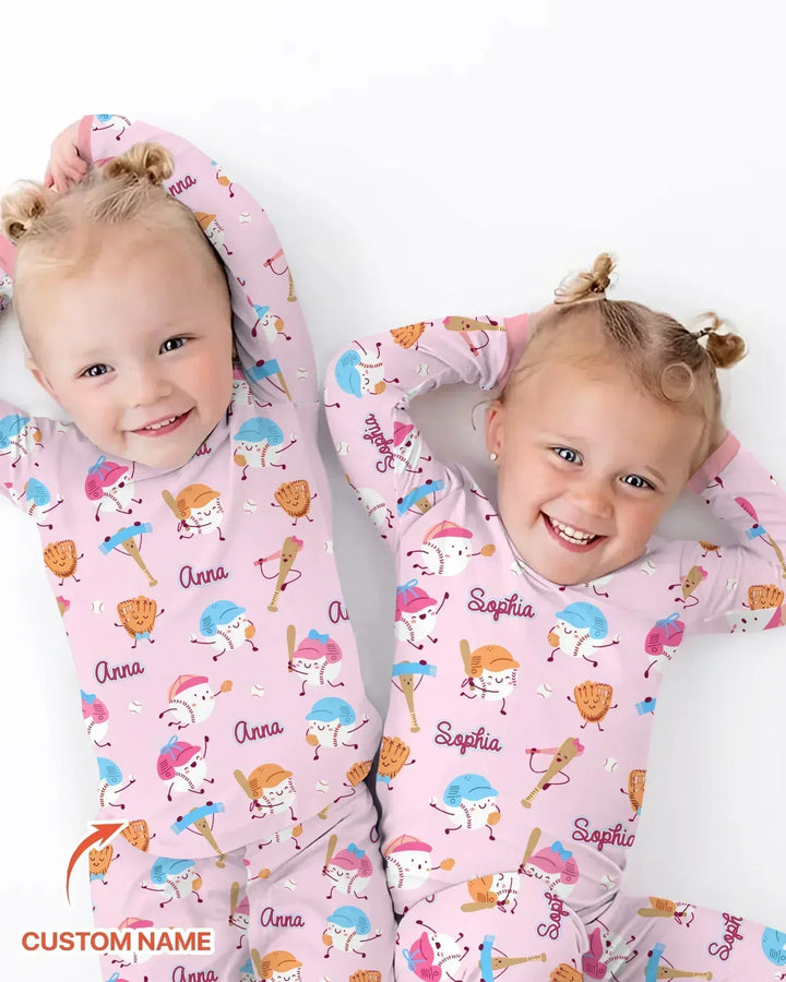 Custom Name Ballparl Family Matching Bamboo Two Piece Long Sleeve Pajama Set