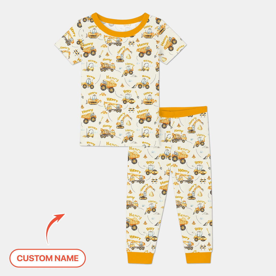 Constructions Machines Custom Name Two Piece Short Sleeve Pajama Set