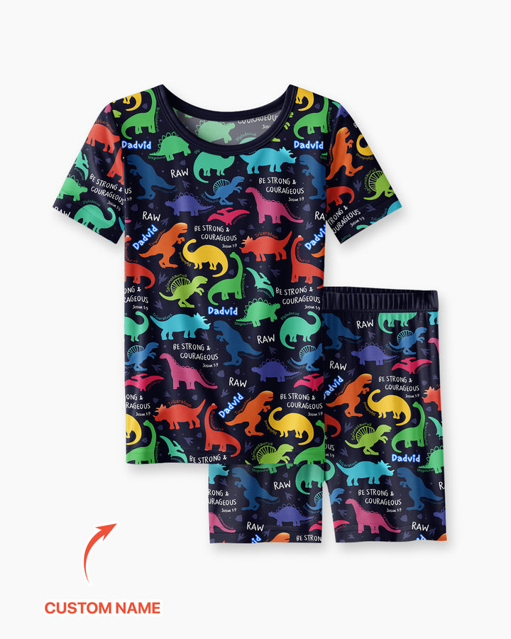 Be Strong and Courageous Dinosaur Christian Bamboo Two Piece Short Sleeve Shorts Pajama Set