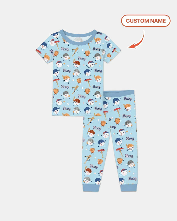 Custom Name Ballparl Family Matching Bamboo Two Piece Short Sleeve Pajama Set