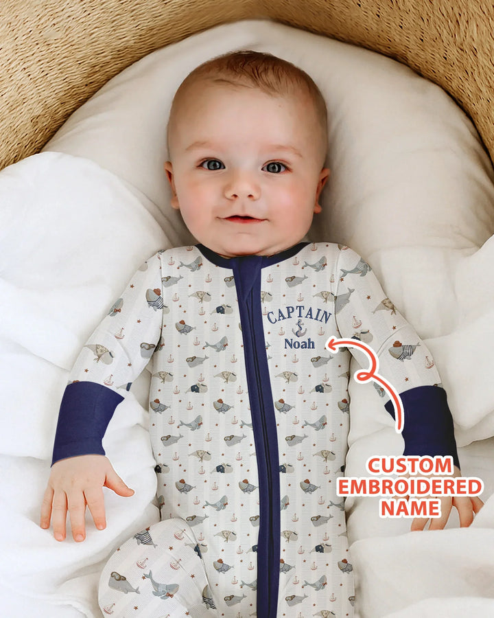 Custom Embroidered Name Little Captain of the Whale Crew Bamboo Convertible Zippy