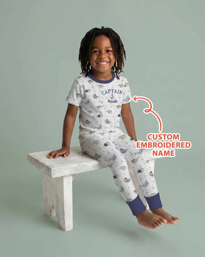 Custom Embroidered Name Little Captain of the Whale Crew Bamboo Two Piece Short Sleeve Pajama Set