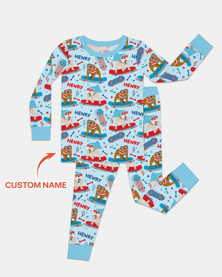 Personalized Patriotic Skate Pups Family Matching Two Piece Long Sleeve Pajama Set