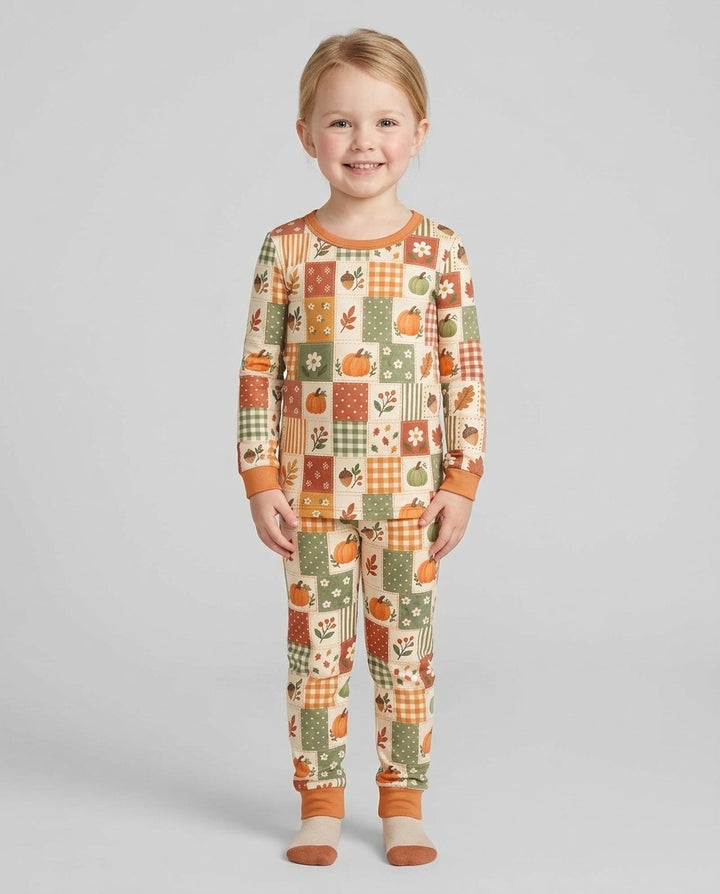 Vintage Fall Gingham Pumpkin Patchwork Bamboo Two Piece Long Sleeve Pajama Set
