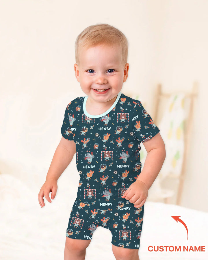 Space Soccer Bamboo Two Piece Short Sleeve Shorts Pajama Set
