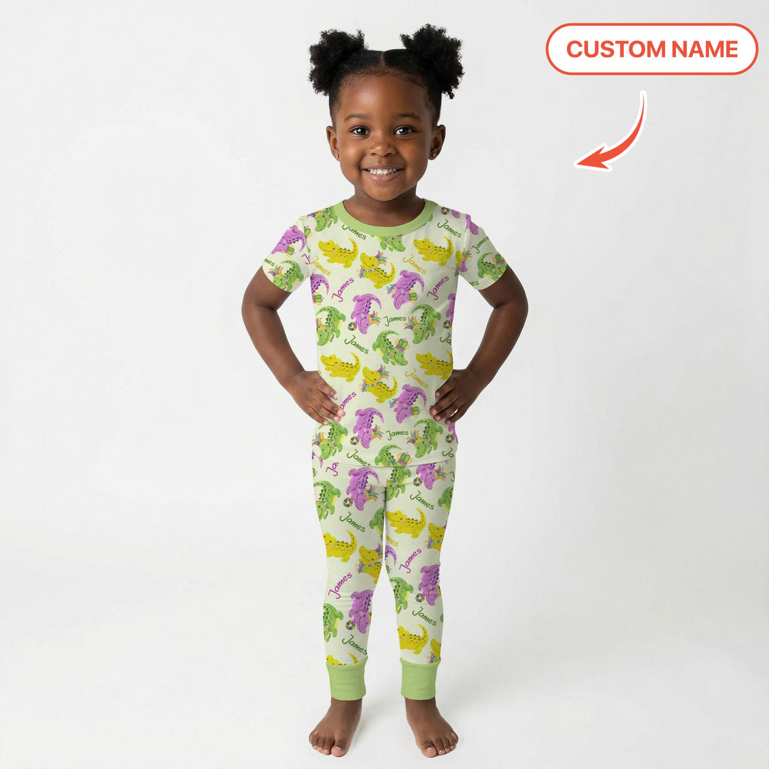 Custom Name Mardi Gras Alligator Two Piece Short Sleeve Pajama Set