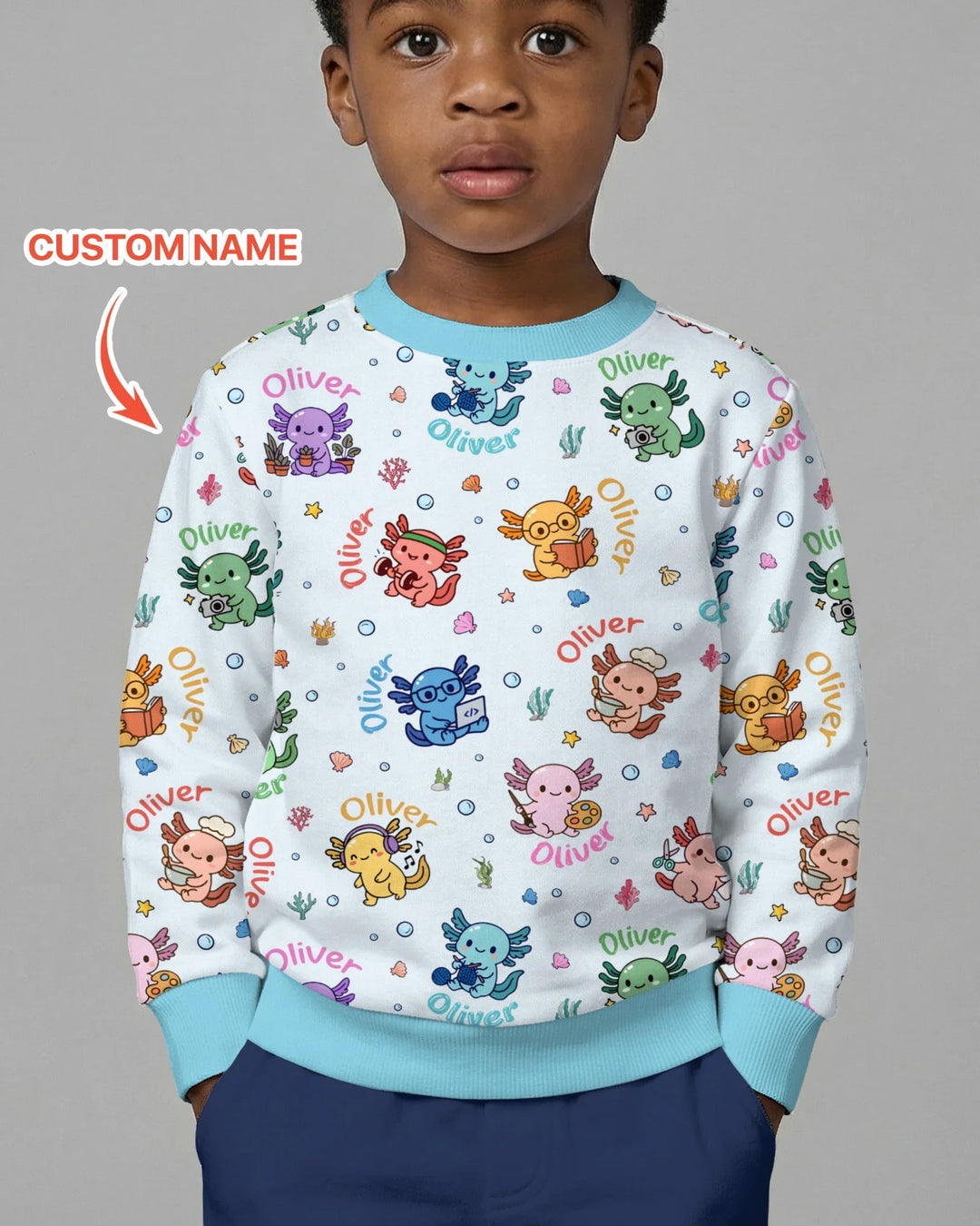 Custom Name Cute Hobby Axolotl Crewneck Sweatshirt