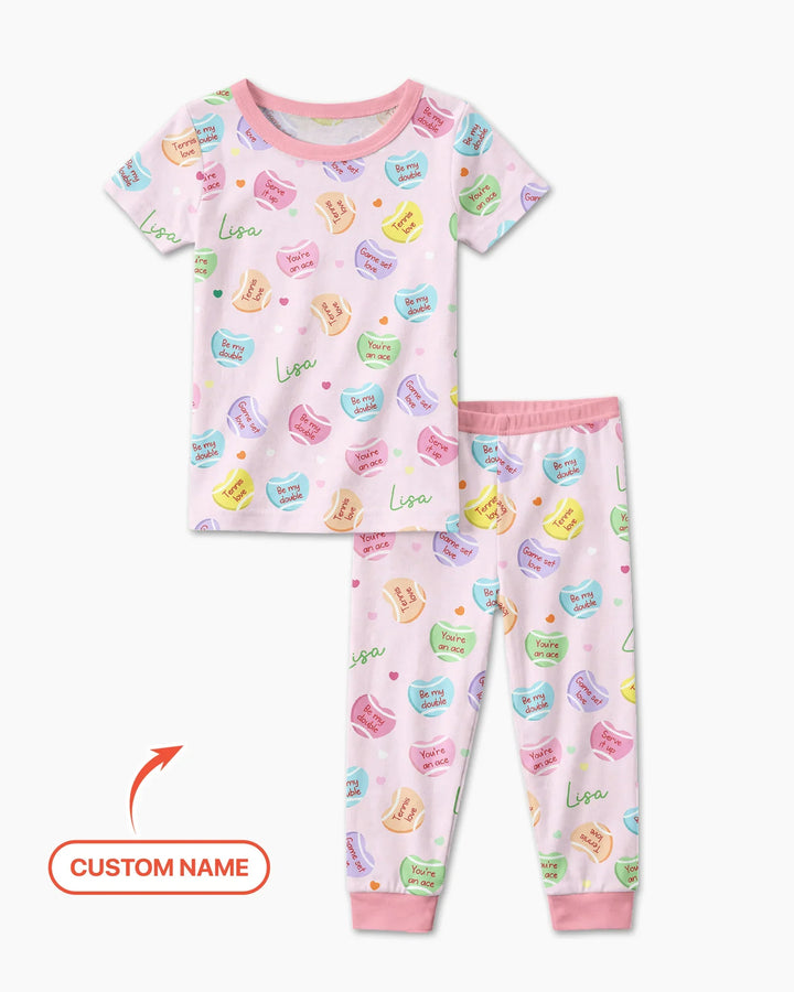 Custom Name Tennis Candy Hearts Bamboo Two Piece Short Sleeve Pajama Set