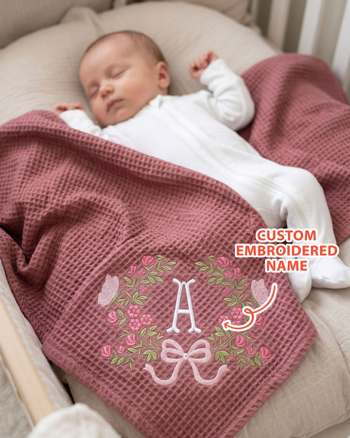 Personalized Flower Wreath Embroidered Waffle Bamboo Blanket