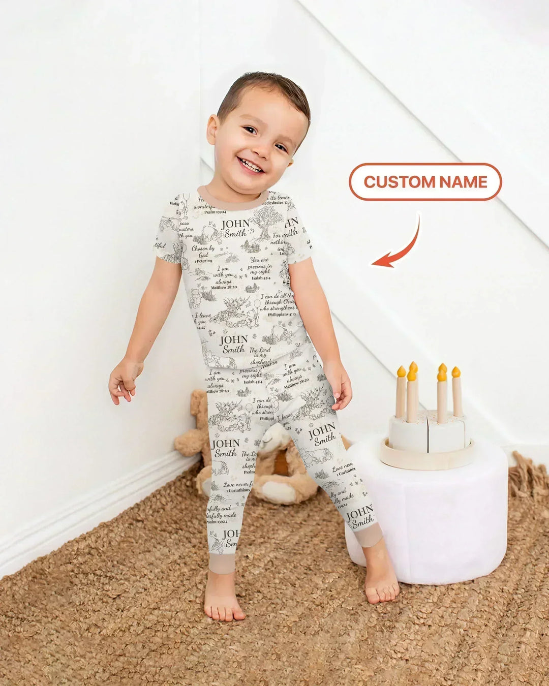 Pijama de manga corta de dos piezas de bambú con nombre personalizado y versículo bíblico clásico del oso