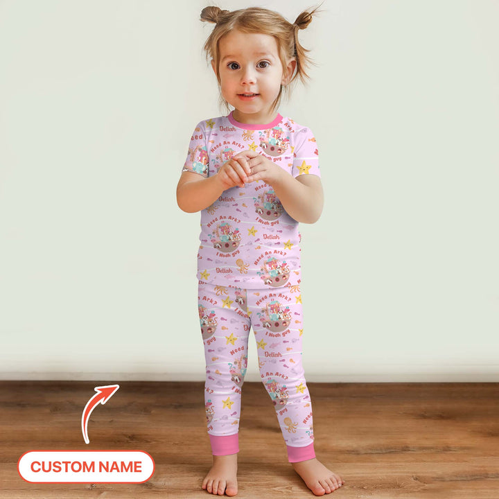 Noah’s Ark Custom Name Girl Two Piece Short Sleeve Pajama Set