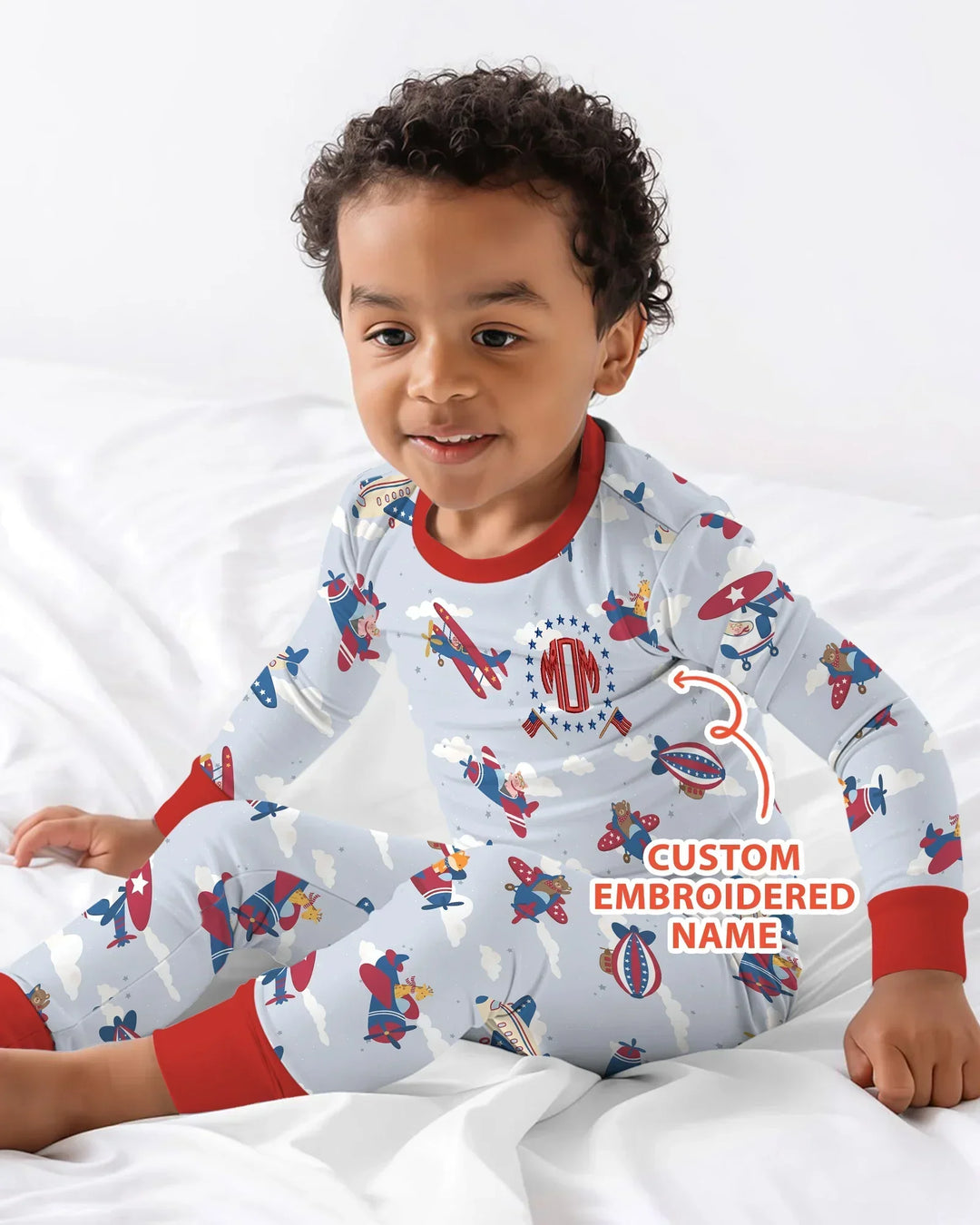 Custom Name Embroidered American Pilot  Bamboo Two Piece Long Sleeve Pajama Set