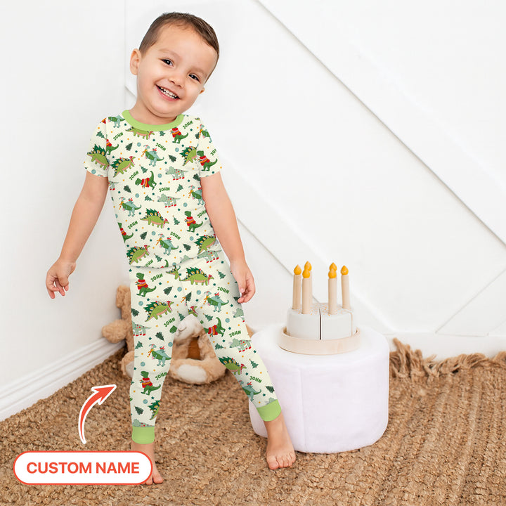 Custom Name Dinosaurs Christmas Tree Two Piece Short Sleeve Pajama Set