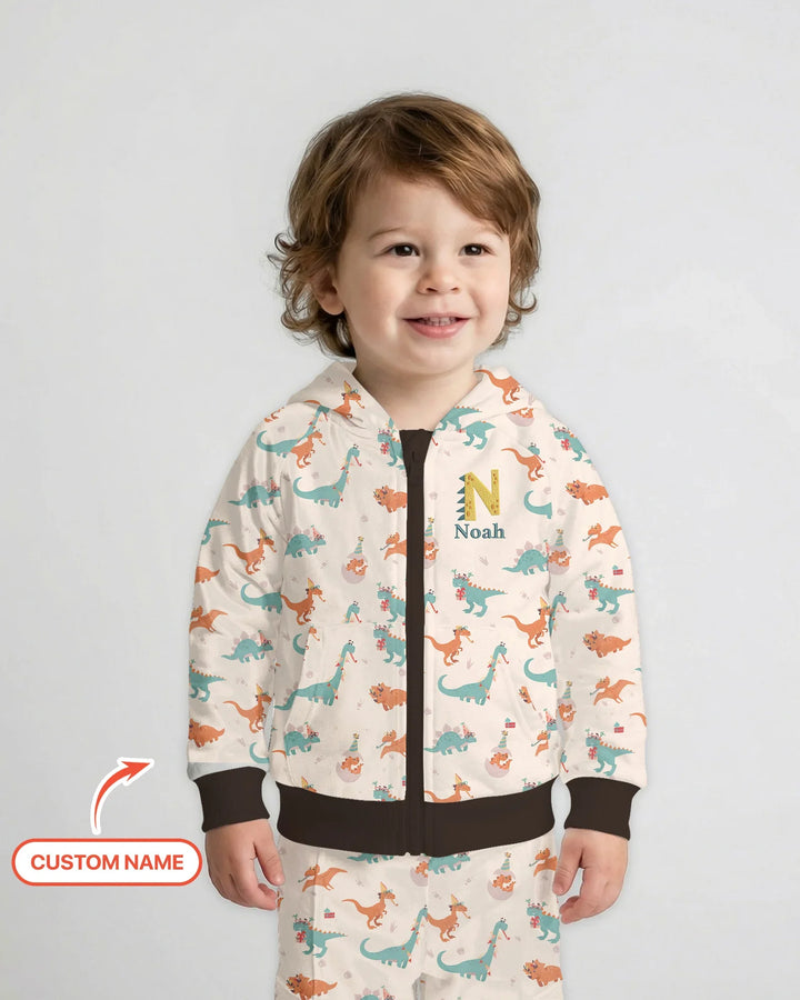Sudadera con capucha de bambú con cremallera y nombre bordado personalizado con dinosaurios