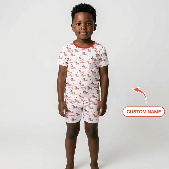 Custom Name Valentine Dachshund Family Matching Two Piece Short Sleeve Shorts Pajama Set