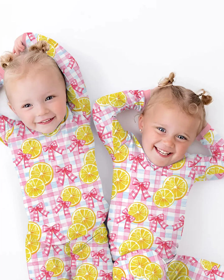 Pink Lemons Bows Checkered Bamboo Two Piece Long Sleeve Pajama Set