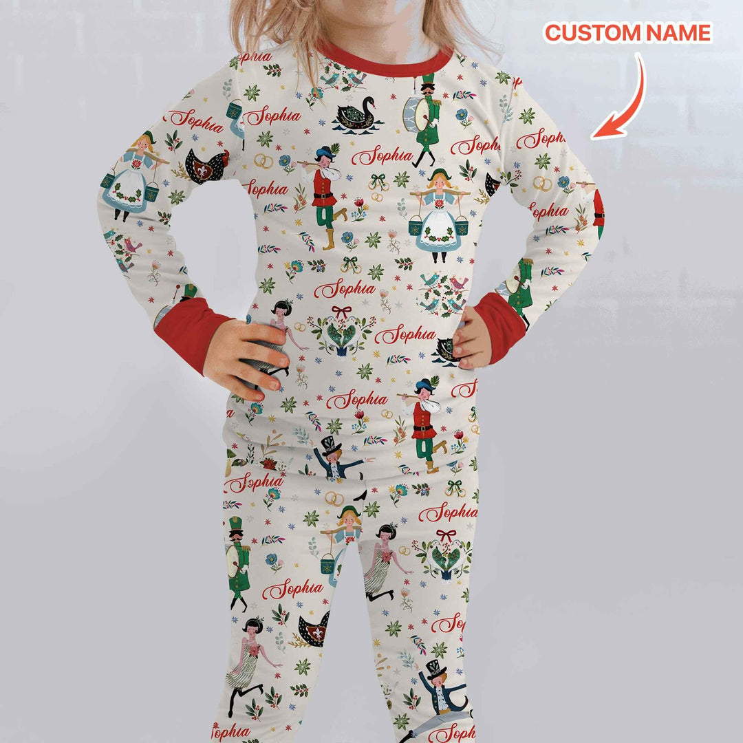 12 Days Of Christmas Custom Name Two Piece Long Sleeve Pajama Set , 12 Days Of Christmas Custom Name Two Piece Long Sleeve Pajama Set - 12-18M / Girl