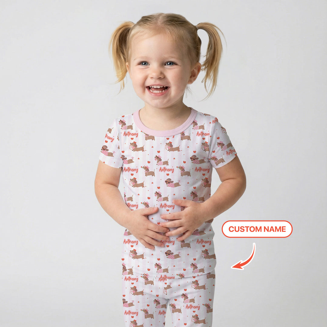 Custom Name Valentine Dachshund Family Matching Two Piece Short Sleeve Pajama Set