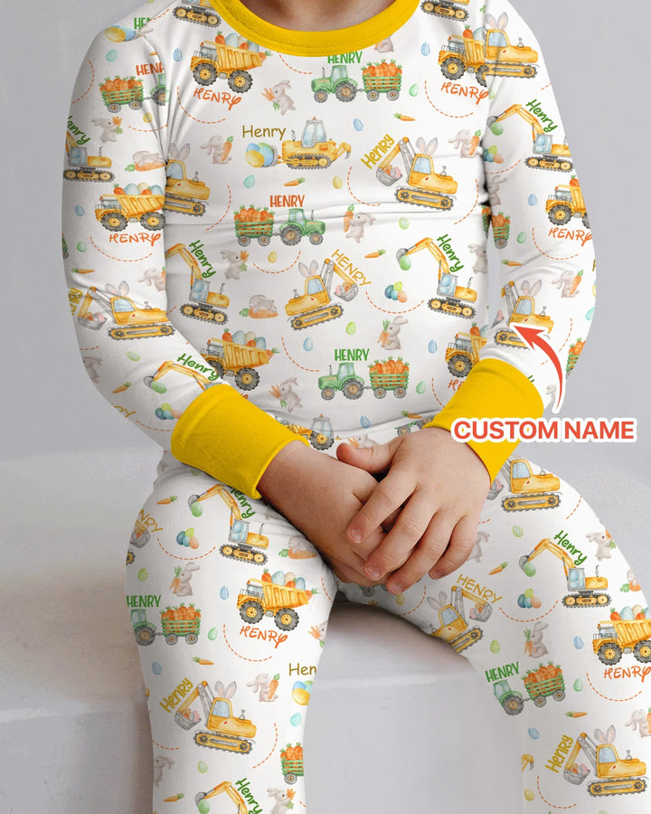 Easter Construction Vehicles Custom Name Two Piece Long Sleeve Pajama Set