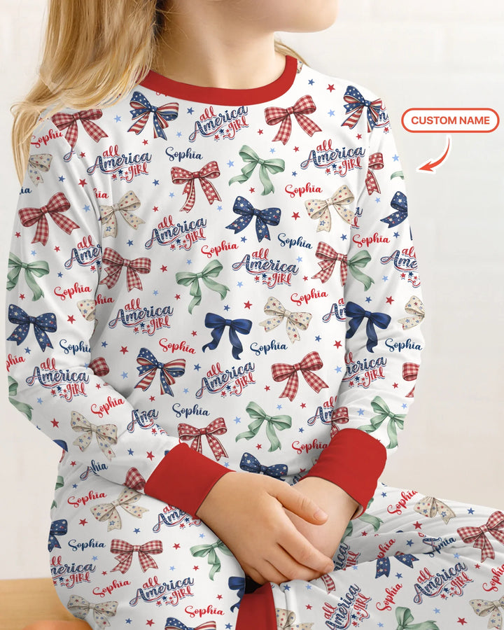 Custom Name All American Girl Bamboo Two Piece Long Sleeve Pajama Set