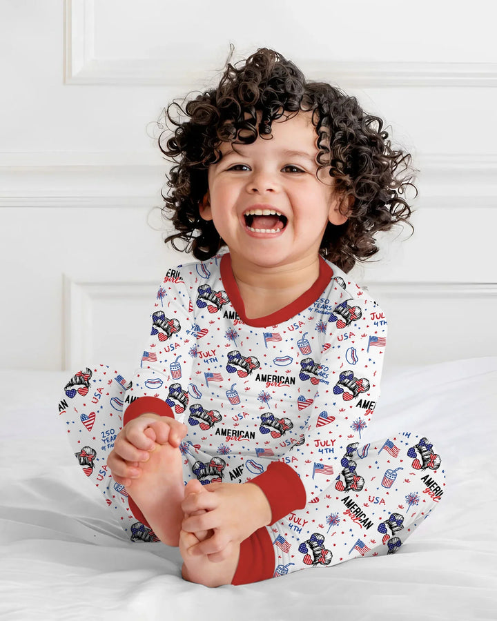 Doodle American Flag Glasses Family Matching Bamboo Two Piece Long Sleeve Pajama Set