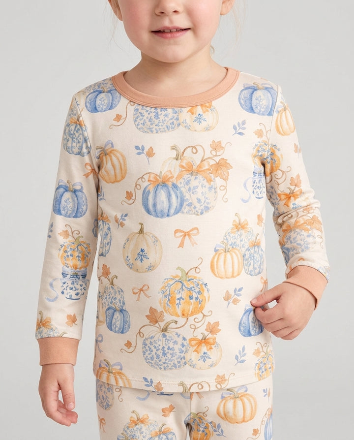 Preppy Blue and Orange Chinoiserie Pumpkin Bamboo Two Piece Long Sleeve Pajama Set