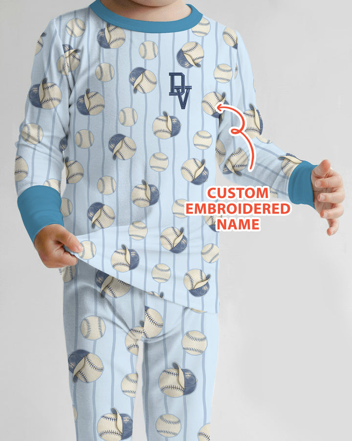 Custom Embroidered Baseball Bamboo Two Piece Long Sleeve Pajama Set
