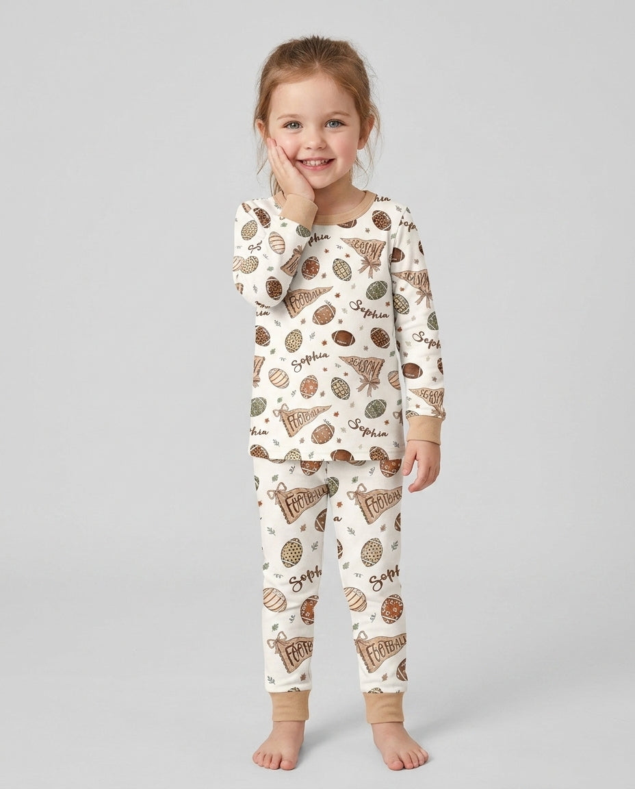 Custom Name Football Fall Season Bamboo Two Piece Long Sleeve Pajama Set
