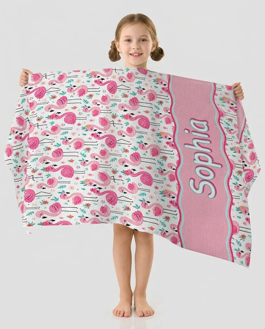 Custom Name Hello Flamingo Bamboo Beach Towel