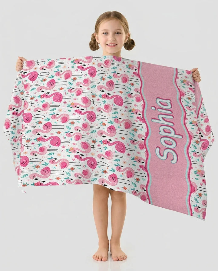 Custom Name Hello Flamingo Bamboo Beach Towel