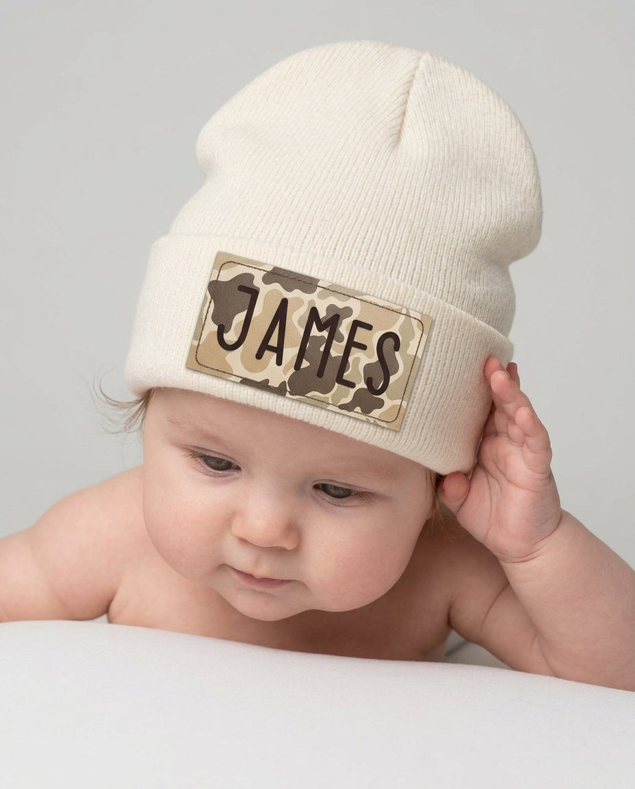 Custom Name Camo Leather Patch Beanie
