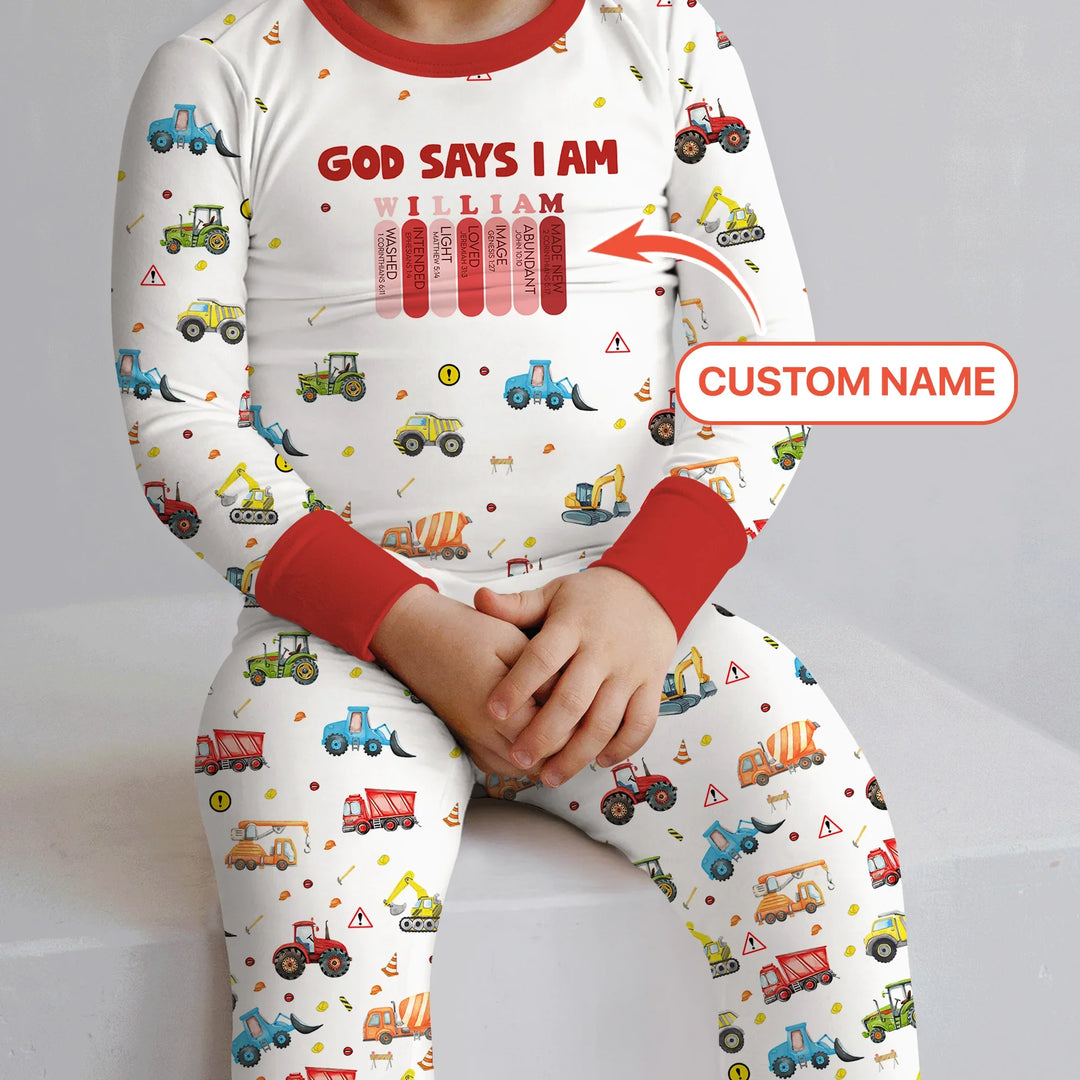 God Says I Am Custom Name Construction Two Piece Long Sleeve Pajama Set , God Says I Am Custom Name Construction Two Piece Long Sleeve Pajama Set - 12-18M