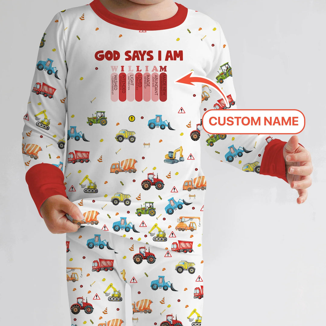 God Says I Am Custom Name Construction Two Piece Long Sleeve Pajama Set , God Says I Am Custom Name Construction Two Piece Long Sleeve Pajama Set - 12-18M