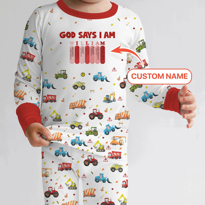 God Says I Am Custom Name Construction Two Piece Long Sleeve Pajama Set , God Says I Am Custom Name Construction Two Piece Long Sleeve Pajama Set - 12-18M