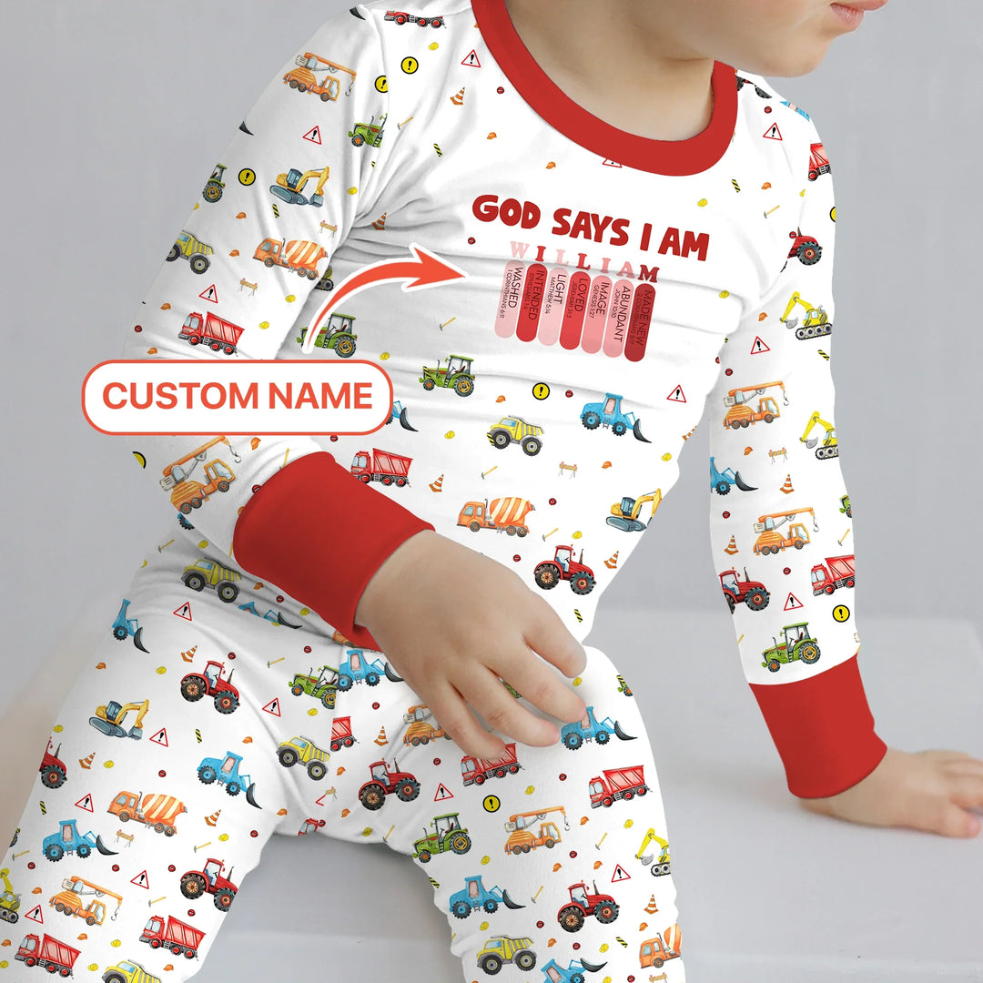 God Says I Am Custom Name Construction Two Piece Long Sleeve Pajama Set , God Says I Am Custom Name Construction Two Piece Long Sleeve Pajama Set - 12-18M
