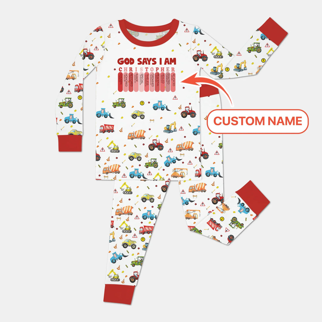 God Says I Am Custom Name Construction Two Piece Long Sleeve Pajama Set , God Says I Am Custom Name Construction Two Piece Long Sleeve Pajama Set - 12-18M