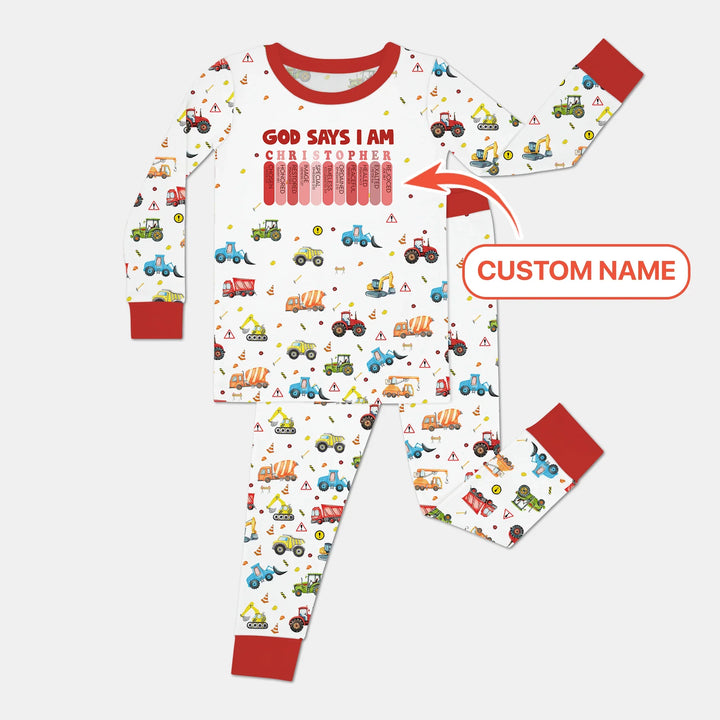 God Says I Am Custom Name Construction Two Piece Long Sleeve Pajama Set , God Says I Am Custom Name Construction Two Piece Long Sleeve Pajama Set - 12-18M