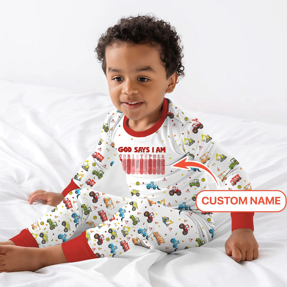 God Says I Am Custom Name Construction Two Piece Long Sleeve Pajama Set , God Says I Am Custom Name Construction Two Piece Long Sleeve Pajama Set - 12-18M