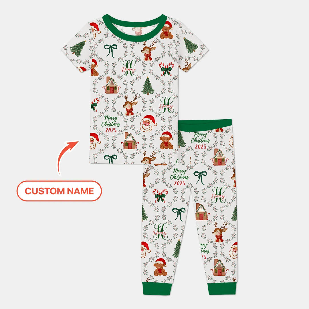 Custom name "Fancy Monogram Green Christmas 2025" Two Piece Short Sleeve Pajama Set