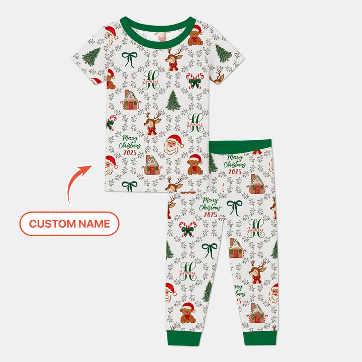 Custom name "Fancy Monogram Green Christmas 2025" Two Piece Short Sleeve Pajama Set