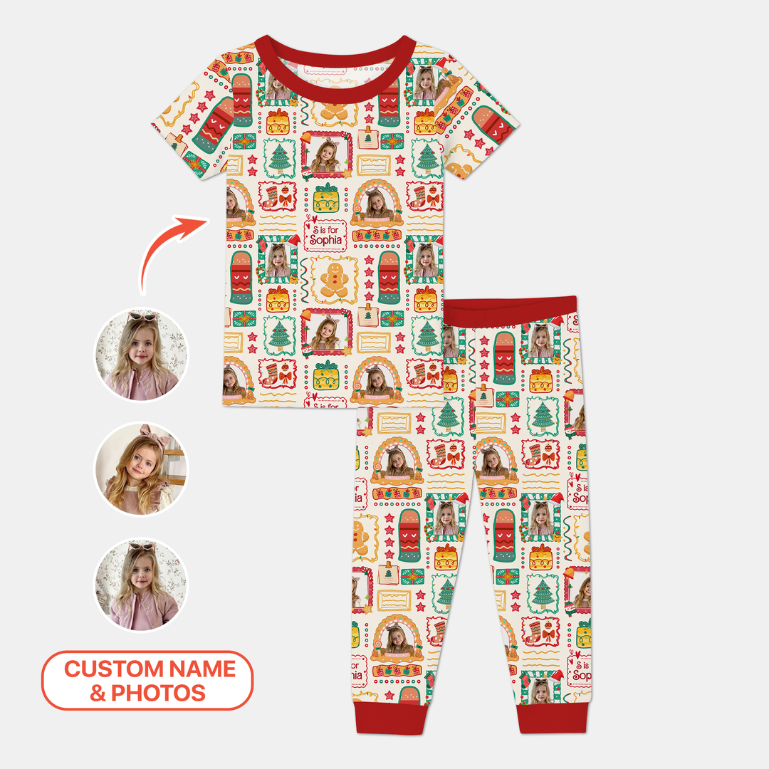 Custom Photo Christmas Frame Custom Name Two Piece Short Sleeve Pajama Set