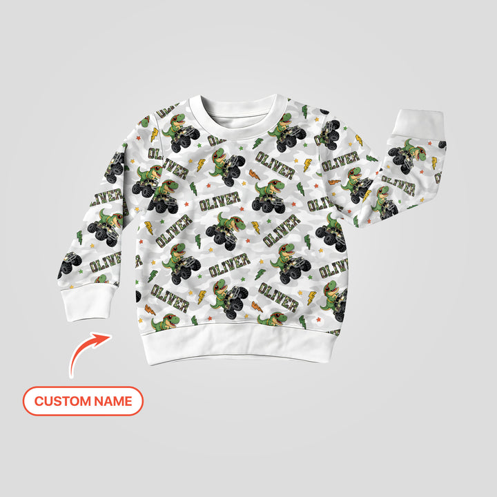 Custom Name Camo Trucker Dino Crewneck Sweatshirt